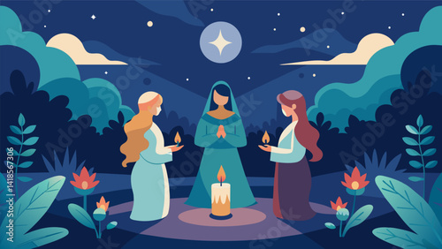 In a quiet garden a circle of figures hold candles and bow their heads in prayer surrounded by the peace and serenity of the night.. Vector illustration