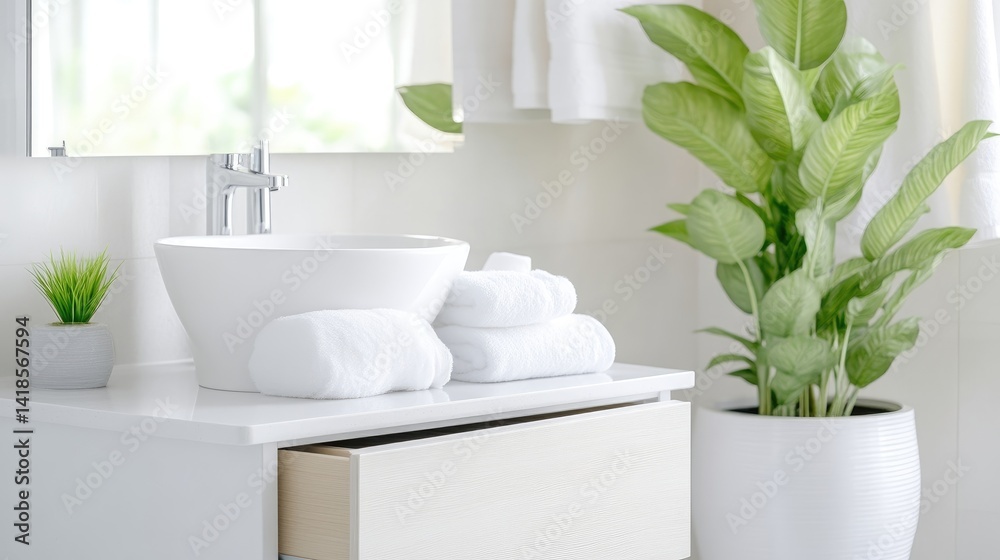 Fototapeta premium Clean, modern bathroom vanity with fresh towels and plant