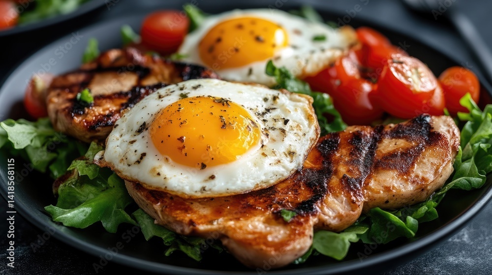Grilled chicken breast with fried eggs and cherry tomatoes on a bed of greens. A healthy and delicious meal Grilled chicken breast with fried eggs and cherry tomatoes on a bed of greens. A healthy and delicious meal