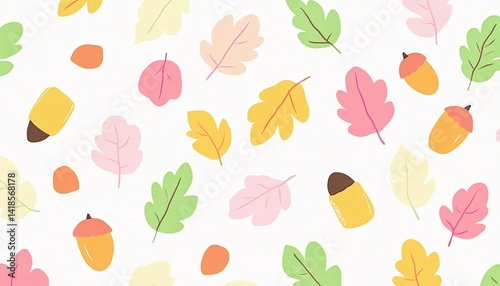 Pastel-toned illustration pattern of leaves and acorns in pink, green, yellow, and orange colors on white background, cute and simple nature design, seamless autumn elements