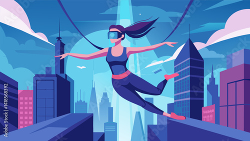A woman practicing VR aerial yoga virtually flying through the bustling streets of a futuristic city feeling exhilarated as she flows through aerial. Vector illustration