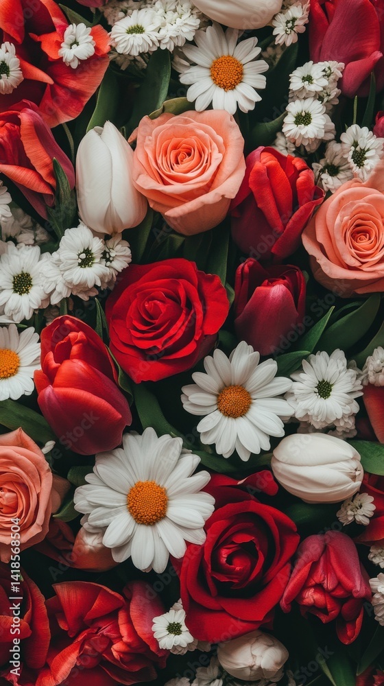 Fototapeta premium Red roses, tulips, daisies, and other blossoms.