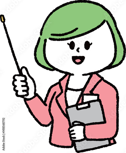 ファイルを持ち説明しているスーツの女性