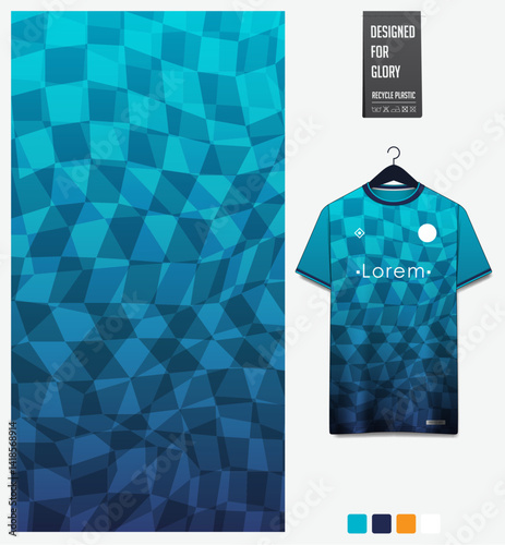 Geometric pattern with gradient background for fabric textile design. Sport shirt mockup template for football, soccer, basketball, cycling, running, rugby, baseball, racing, or sportswear.