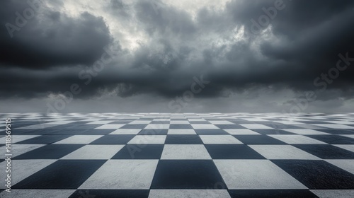 Dramatic checkered floor beneath ominous clouds creating a sense of unease