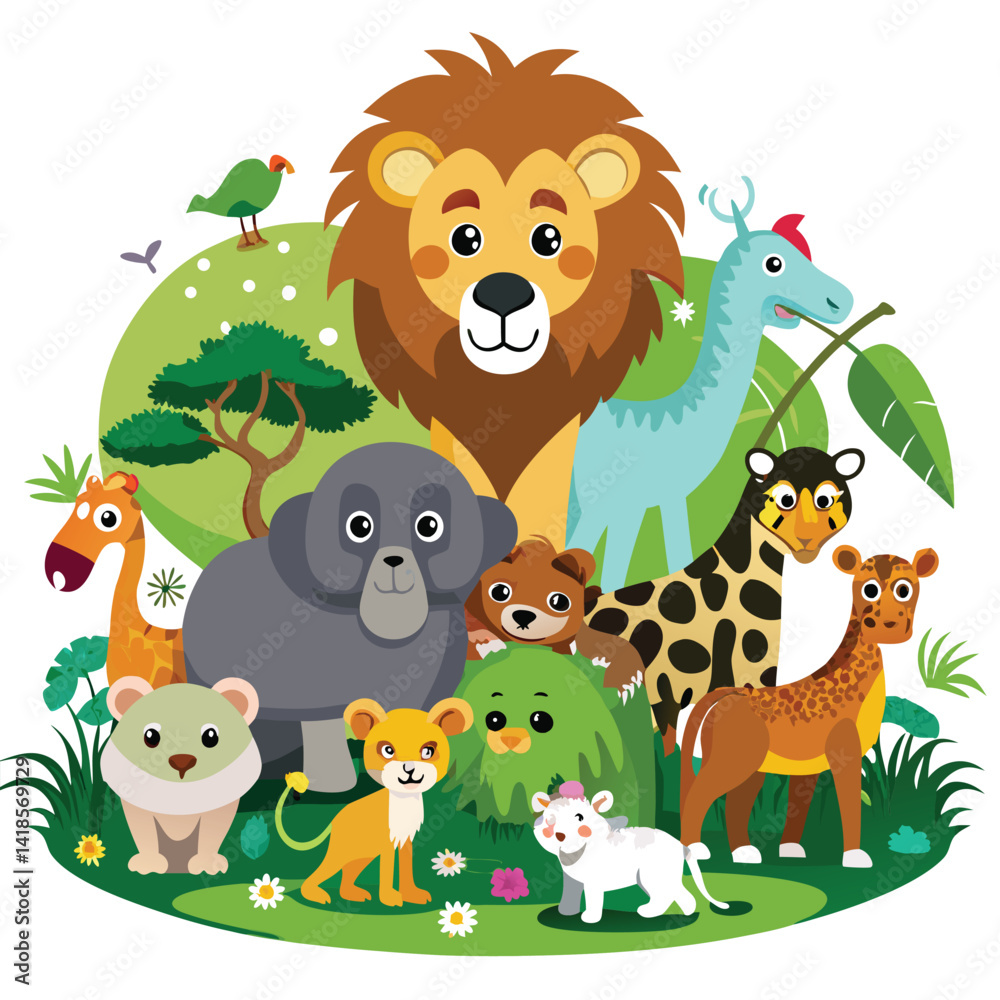 Naklejka premium A diverse group of land and air animals, including a giraffe, elephant, lions, tigers, zebras, bears, gorillas, an orangutan, and various birds, are gathered together on a patch of green against a whi