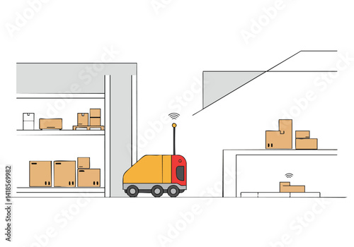 Autonomous forklift navigates a warehouse aisle. Modern logistics concept. Clean, bright illustration shows efficiency and automation in a storage facility.