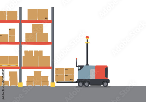An automated guided vehicle (AGV) moves through a warehouse aisle. Rows of cardboard boxes are neatly stacked on shelves. Modern, industrial setting.