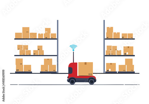 Autonomous robot navigates a warehouse aisle, optimizing inventory management. Clean, modern design showcases efficient logistics and automation.