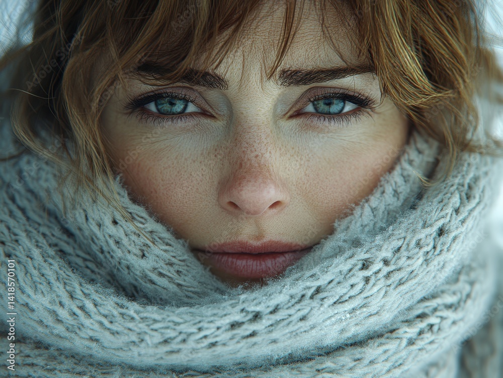 Close-up portrait of a woman with freckles, intense blue eyes, and a knitted scarf