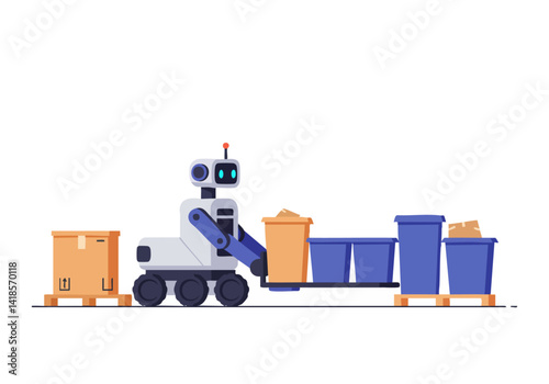 A friendly robot efficiently sorts packages and recycling bins. Clean, modern design. Ideal for illustrating automation, logistics, and sustainability concepts.