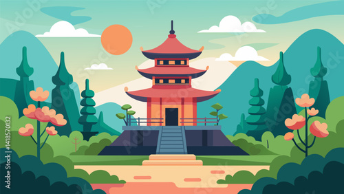 A serene pagoda surrounded by lush gardens offering a peaceful ambiance for your yoga practice.. Vector illustration