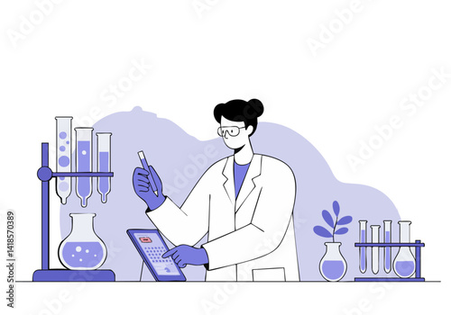 Scientist analyzes data on a tablet, surrounded by lab equipment. Clean, modern lab setting. Ideal for science, research, and technology concepts.
