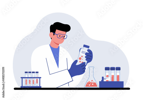 Scientist examines a flask in a lab. He wears a lab coat and goggles, surrounded by test tubes. Clean, modern, and ideal for science-related visuals.