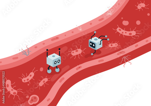 Tiny robots navigate a bloodstream, battling bacteria. A vibrant, conceptual illustration perfect for medical, biotech, or technology themes.