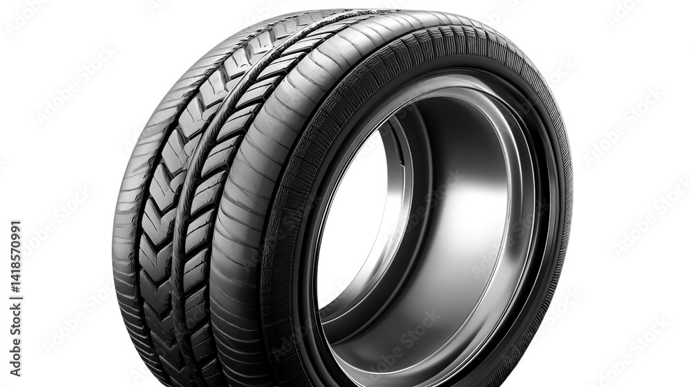 New black rubber car tyre with tread is isolated on white for auto transport New black rubber car tyre with tread is isolated on white for auto transport