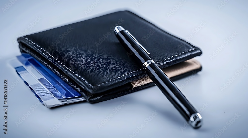 Elegant black wallet with cards and a sleek pen on a smooth surface, ideal for finance themes Elegant black wallet with cards and a sleek pen on a smooth surface, ideal for finance themes