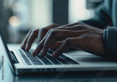Close-up of hands typing on a keyboard with open laptop and blurred office background, eye-level shot representing online work, remote study, digital communication or home office productivity concept