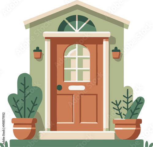 Sage Green House Door with Terracotta Planters and Arch Window