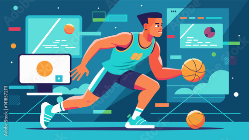 A player immersed in a simulated basketball training program sweating and panting as they practice dribbling passing and shooting.. Vector illustration