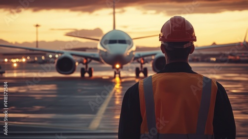 Airport engineer observing a plane ready for departure at dusk, embodying modern aviation