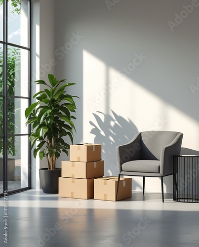 Minimalist living room with cardboard boxes stacked near a potted plant and modern chair, symbolizing moving, unpacking, and home relocation in a bright, clean setting

