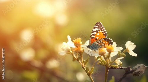 The beautiful colored butterfly on a yellow flower with blurry background in the morning of spring season.