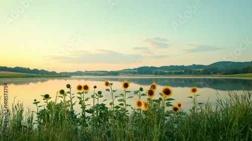 Sunflowers bloom by tranquil lake at dawn.