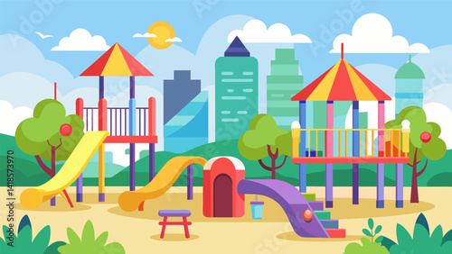 A bustling playground area complete with colorful jungle gyms and slides has been added to the city park bringing laughter and excitement to children. Vector illustration