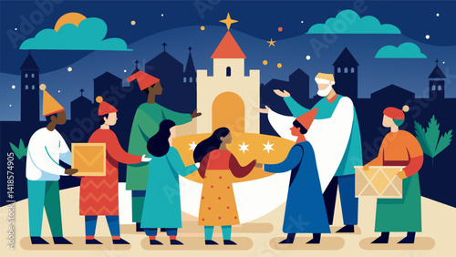 As part of a community outreach project members of the church assemble a large mosaic of the Nativity scene in the town square inviting all to join in. Vector illustration