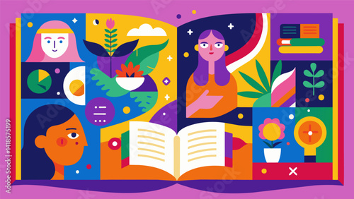 A vibrant collage of literary quotes and colorful illustrations dance across the pages of this creative journal.. Vector illustration