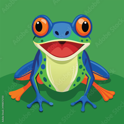 A wide-eyed, vibrant green frog with orange feet and blue markings stretches its mouth open while perched on textured green moss against a blurred green backdrop.
