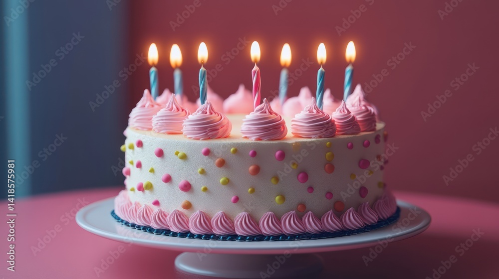 Pink birthday cake with lit candles on table, pink background, celebration Pink birthday cake with lit candles on table, pink background, celebration