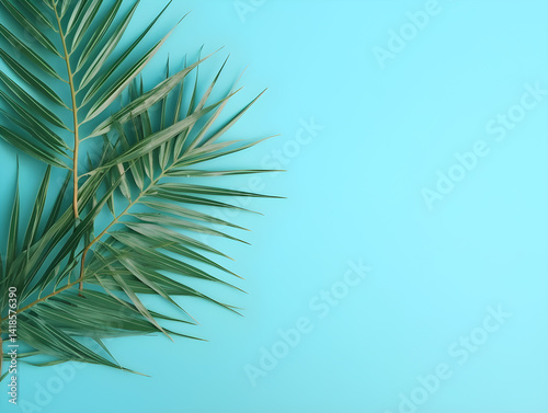 Palm tree leaves isolated on blue background with copy space for text. Tropical theme concept.