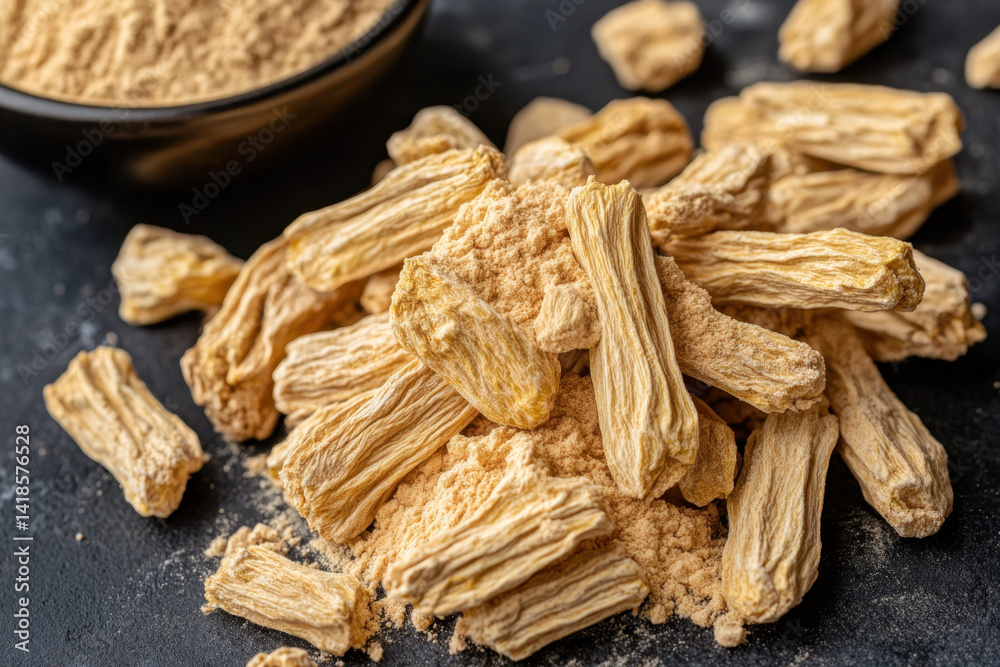 Dried, powdered root pieces