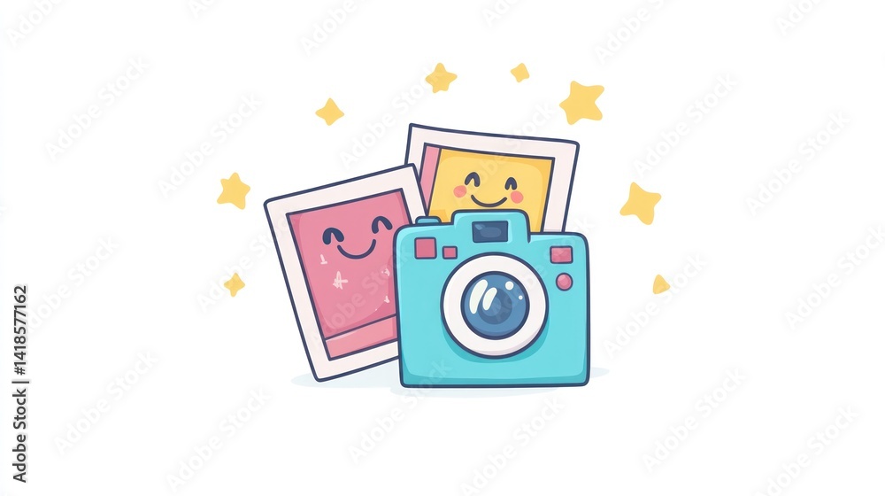 Happy photos and camera, sparkling background,  memories, website design