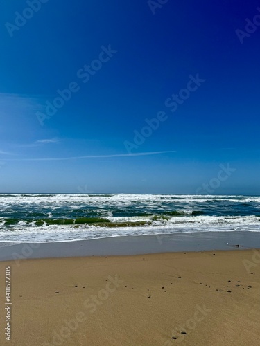 Waves crash along a rugged Northern California coastline under a clear blue sky.