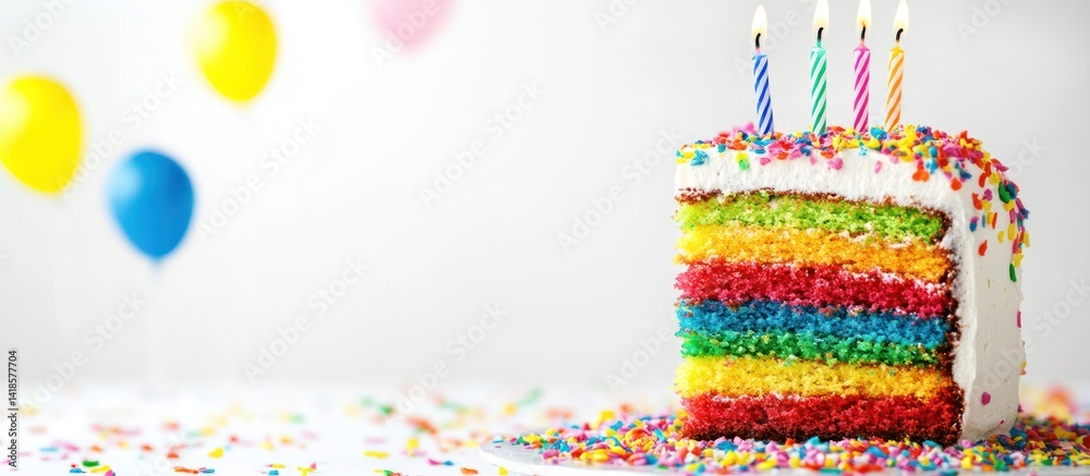 Obraz premium Slice of joyful rainbow cake adorned with sprinkles and lit candles celebration
