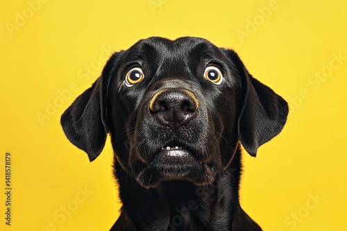 Wallpaper Mural Black dog with expressive eyes against vibrant yellow background displaying curiosity and surprise Torontodigital.ca