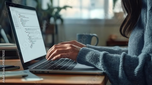 Close-up of woman typing on laptop in modern home office, side view showing hands on keyboard with coffee mug on desk, daylight background