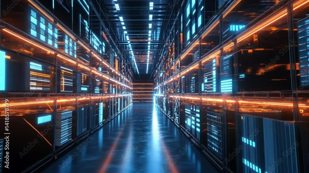 Futuristic data center with illuminated server racks Futuristic data center with illuminated server racks
