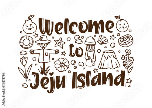 Welcome to Jeju Island typography with cute doodle background