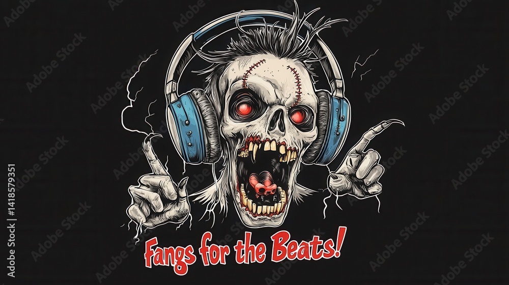 Fototapeta premium Skull with Headphones and Vibrant Sound Effects