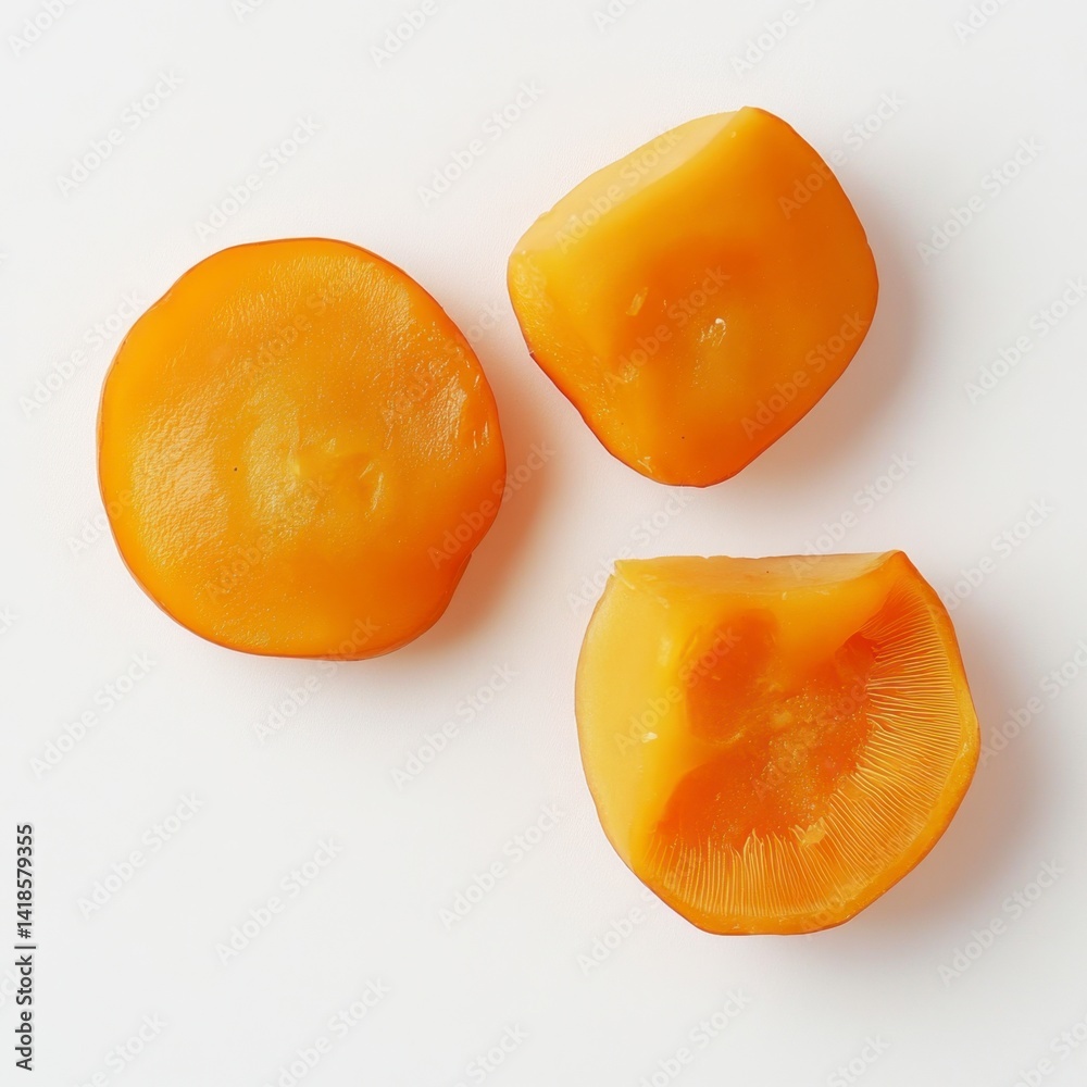 Bright Yellow Slices of Fresh Persimmon Fruit on White Background Bright Yellow Slices of Fresh Persimmon Fruit on White Background
