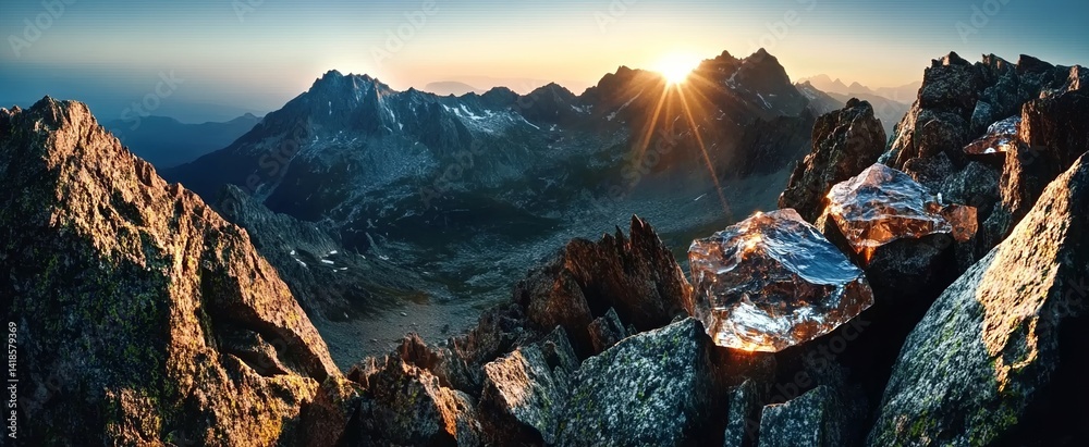Naklejka premium Panoramic sunrise view of Tatra Mountains in summer, aerial landscape with rocky peaks and golden light on the right, National Geographic style