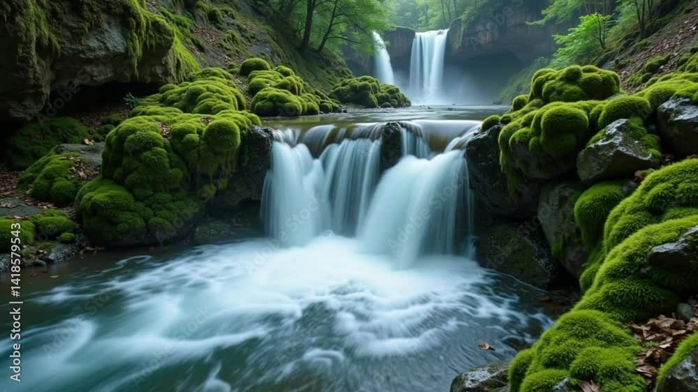 The beautiful cascade of water flows over the rocks in the green forest of Thailand's natural jungle