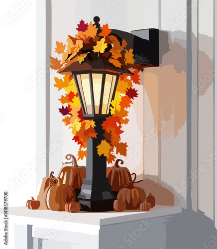 Autumnal Lantern with Pumpkins & Fall Leaves on White Mantel