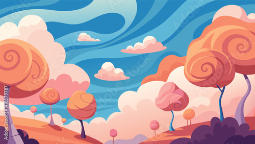 A surreal landscape of swirling clouds and cotton candy trees filled my dream captured in delicate watercolor strokes in my journal.. Vector illustration