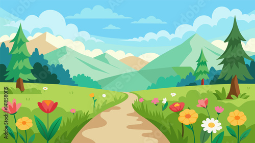 A peaceful meadow filled with wildflowers where you can take a virtual walk and use all your senses to connect with nature and ease your mind.. Vector illustration