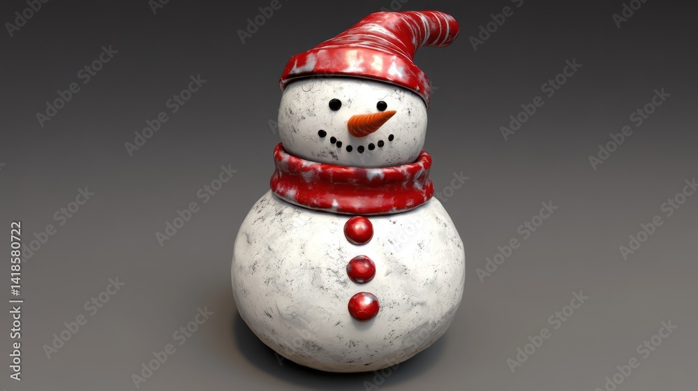 Fototapeta premium Festive snowman, red hat, winter scene, 3D render, holiday card